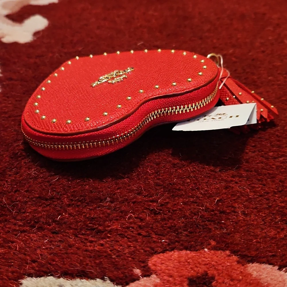 Coach Edge Studded Heart Coin Case Zip Close Crossgrain Leather Red Goldtone NWT - Picture 6 of 15